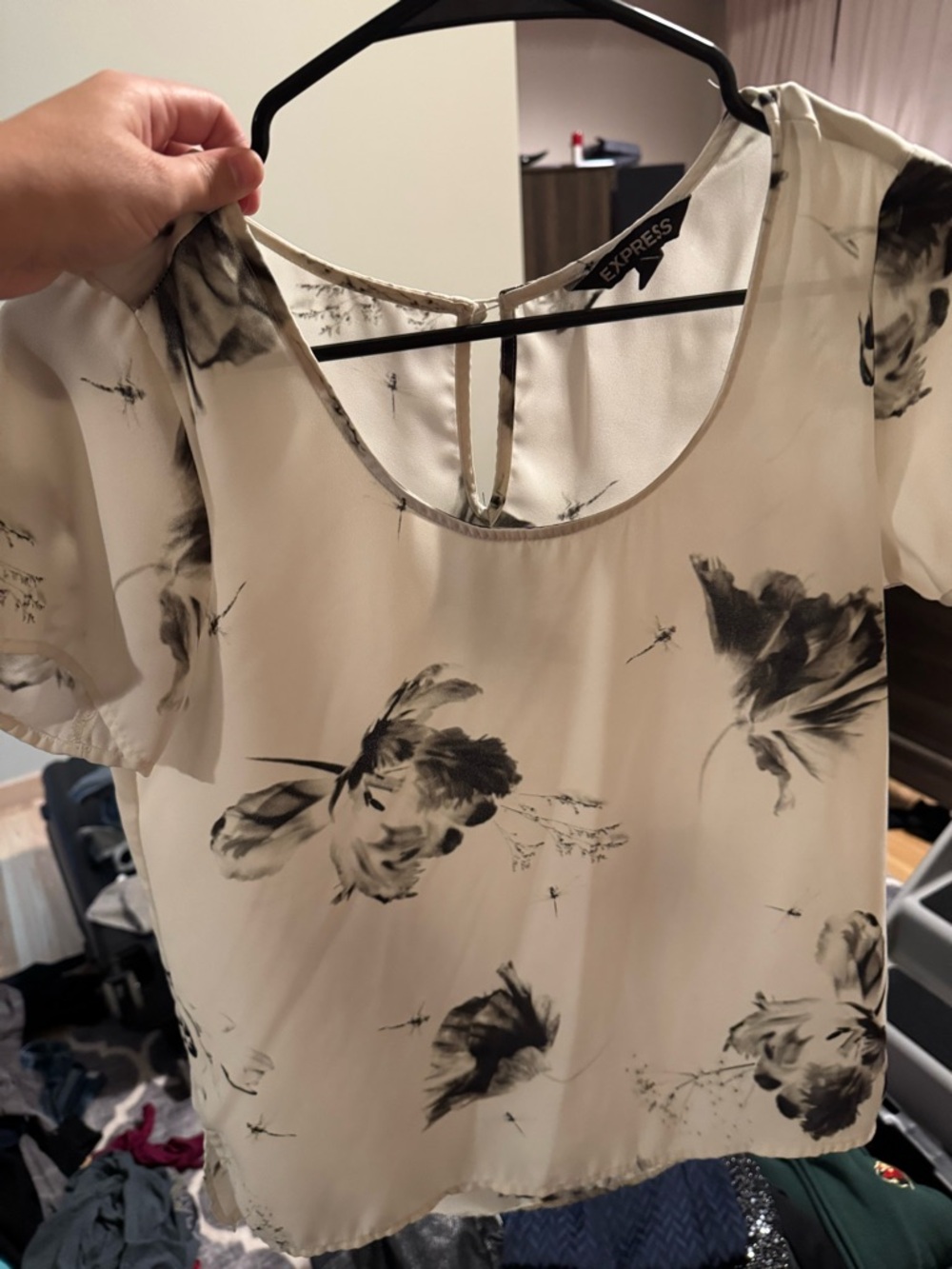 Express Cream Short-Sleeve Floral Blouse with Black Print